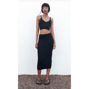 ZARA Ribbed Knit Midi Skirt Black L